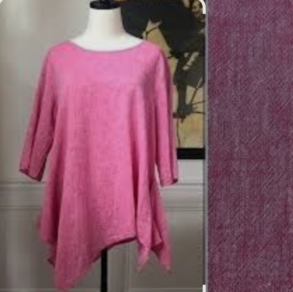 For Cynthia Pink‎ Asymmetrical 1/2 Sleeve T-Shirt Linen Cotton Blend